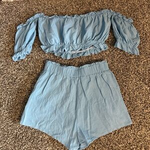 SHEIN Blue Off-Shoulder Tank Top and Shorts Set